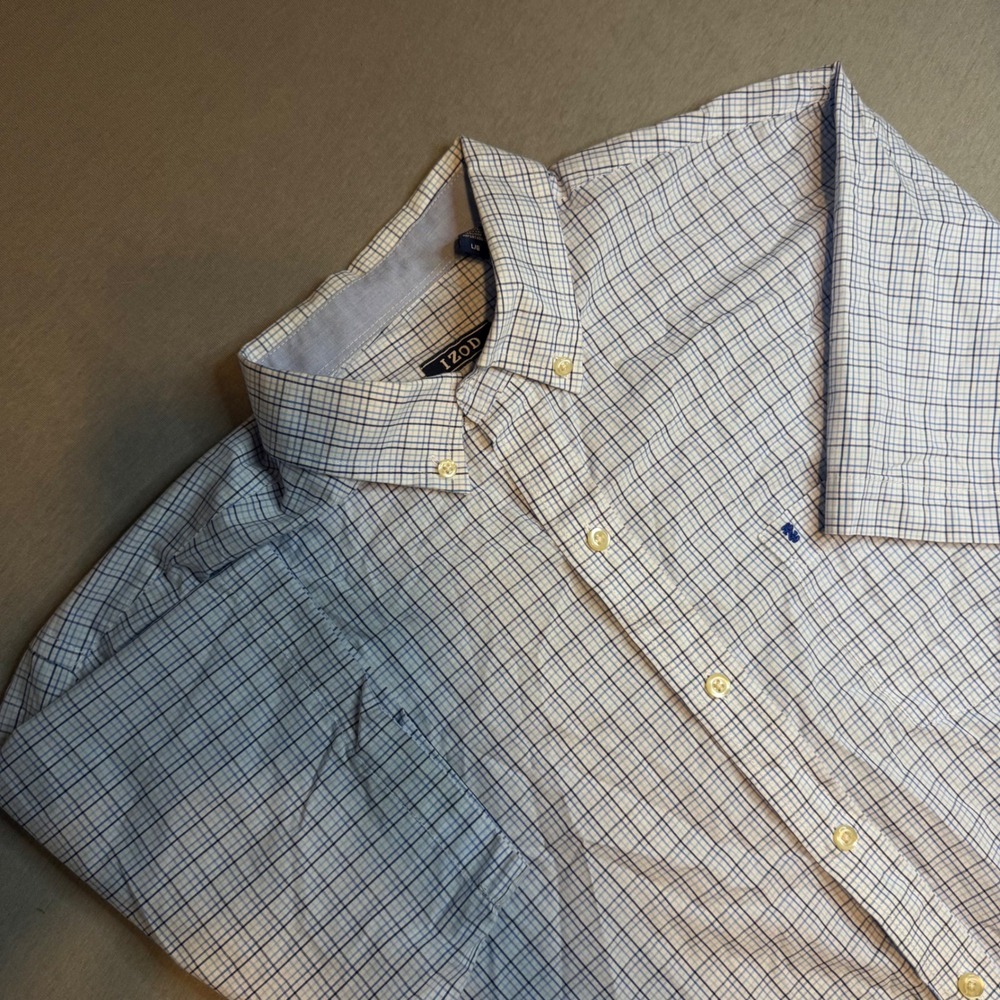 IZOD Mens Blue White Plaid‎ Short Sleeve Button Down Shirt Large LG